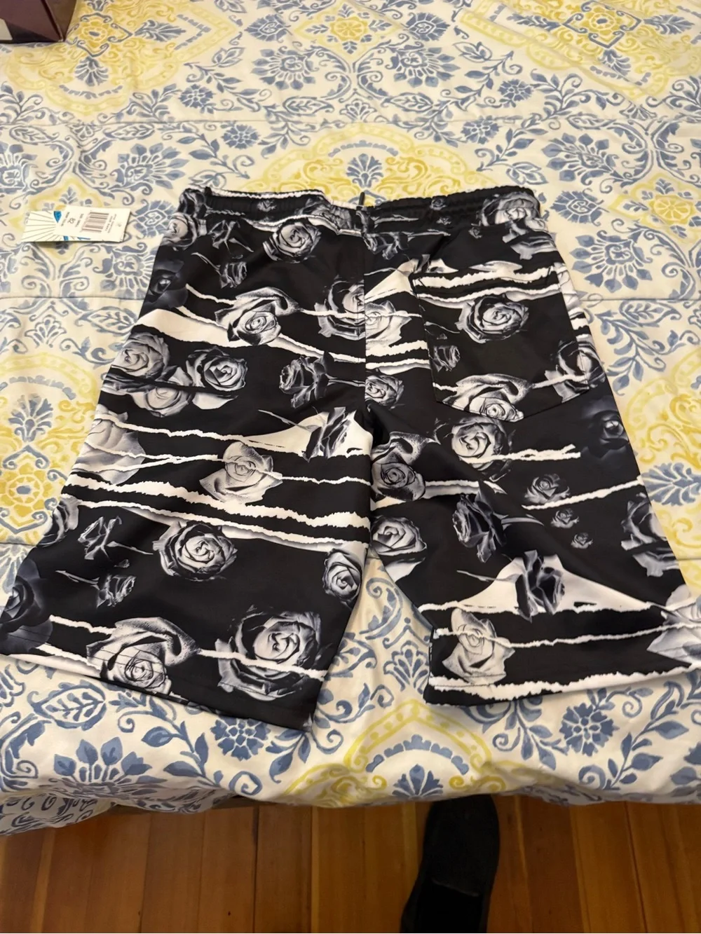 Fresh Black & White Rose Stripe Swim Board Shorts